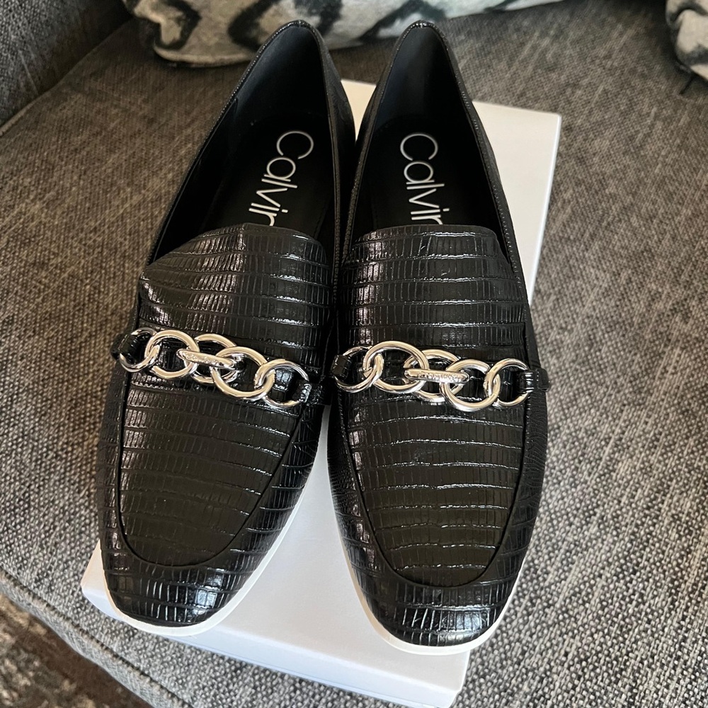 Calvin Klein Black Textured Loafers with Silver Chain